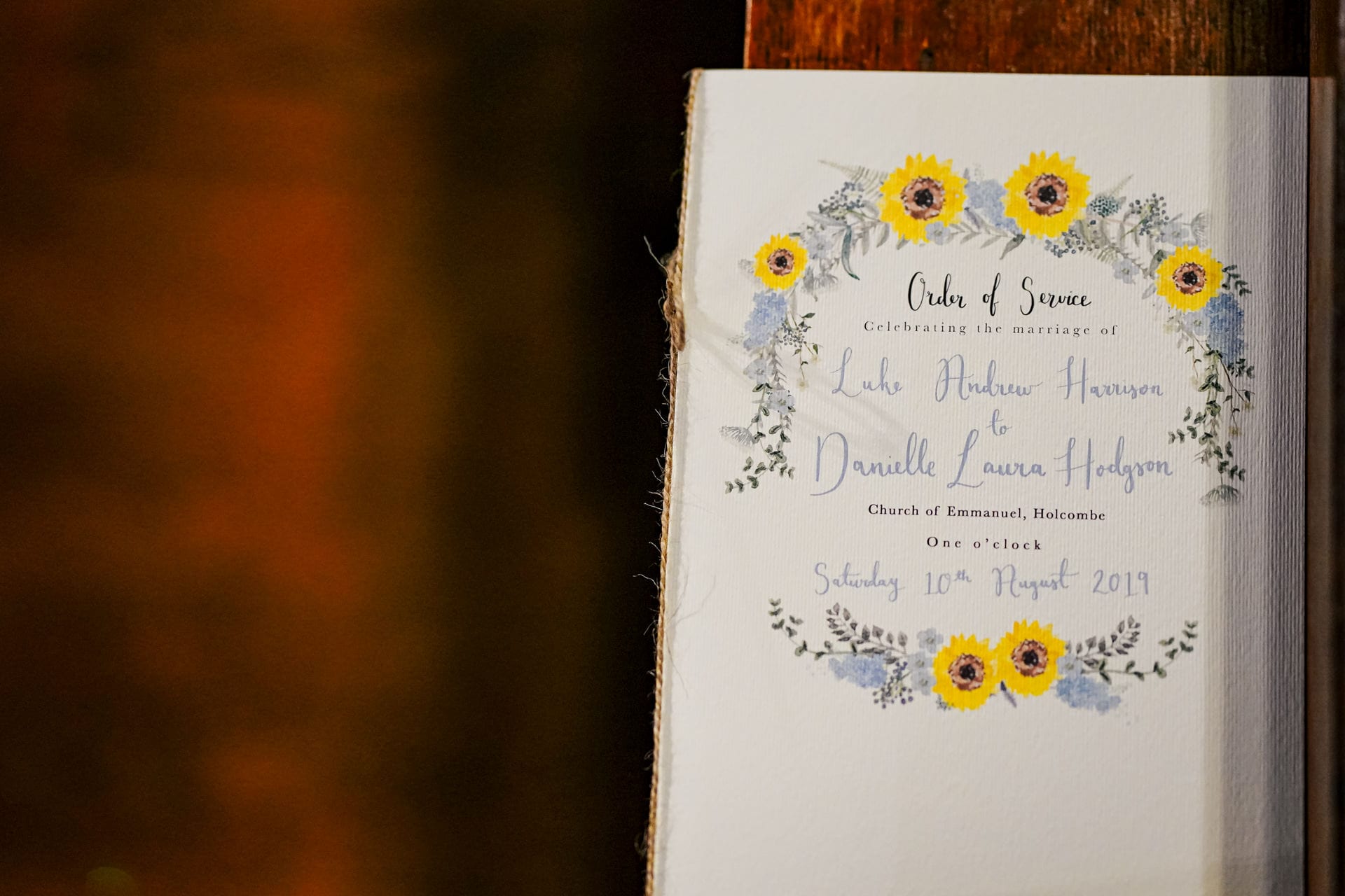 Order of service at a Lancashire Wedding