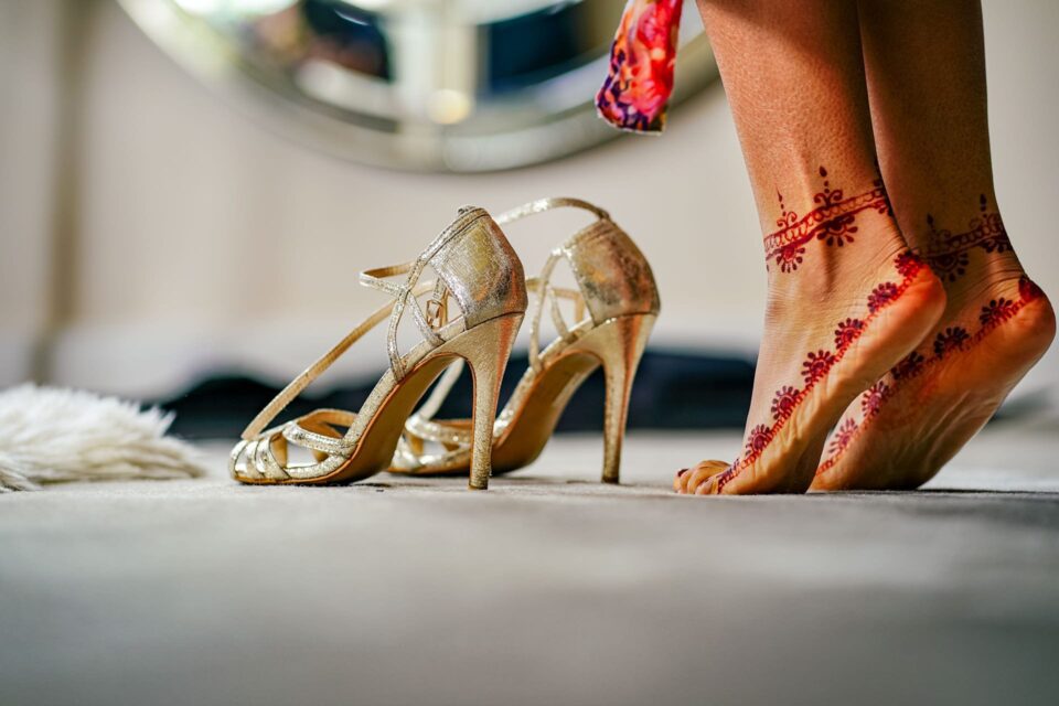 Bride and wedding shoes at Iscoyd Park
