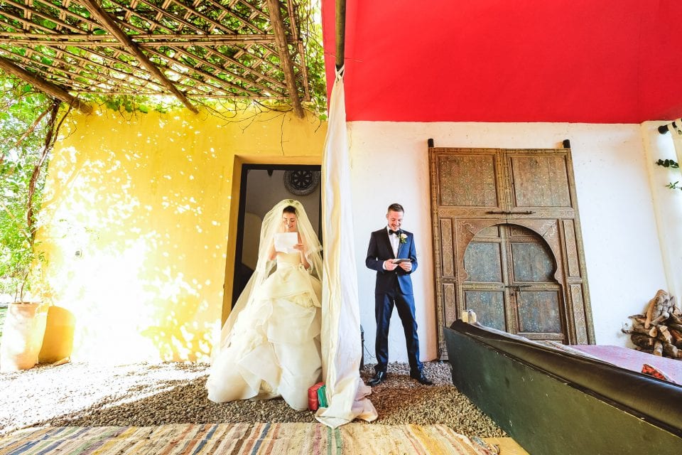 Bride and groom first look at a destination wedding in Morocco