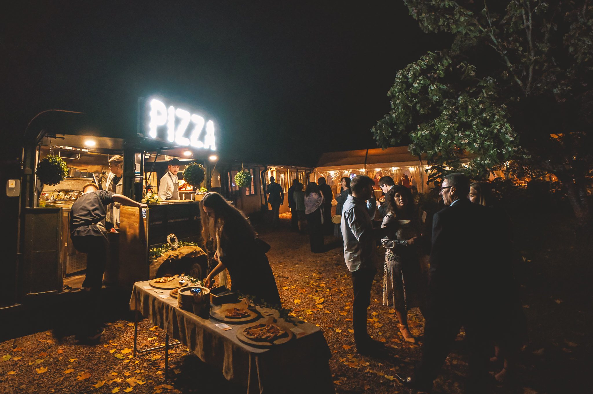 Outside catering with pizzas at a wedding at a Birtsmorton Court wedding in Worcestershire