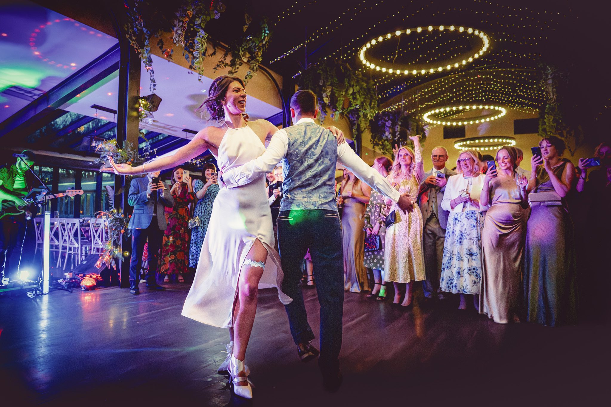 Bride and grooms first dance at a wedding at Foxtail Barns wedding venue in Staffordshire.