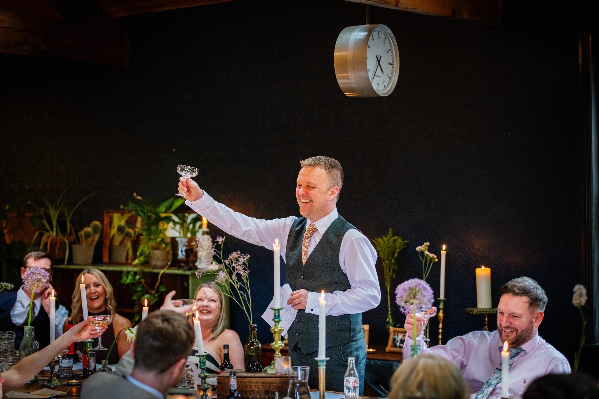 Best Man makes a toast at a relaxed Chimney House wedding in Sheffield