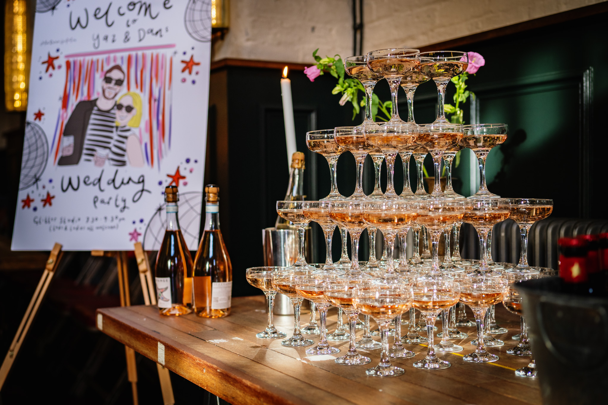 Champagne tower at a wedding reception at The Mowbray in Sheffield