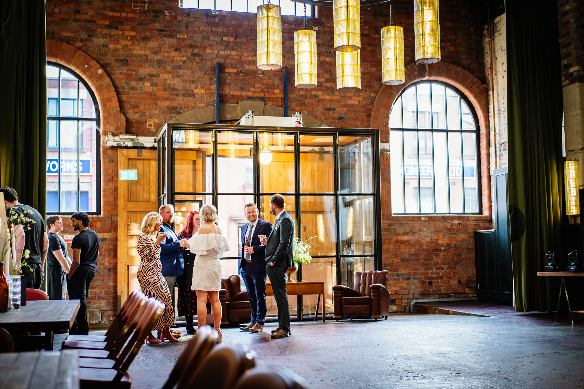 Guests gather at a wedding reception at The Mowbray in Sheffield